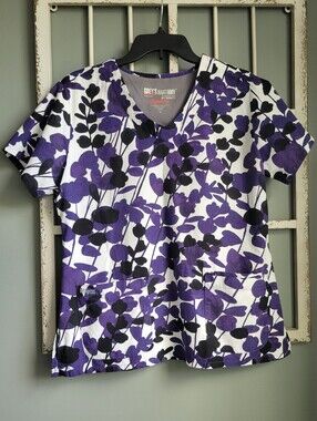 Grey's Anatomy Women's Purple & Black V-Neck Scrub Top, Medical Uniform, Size L